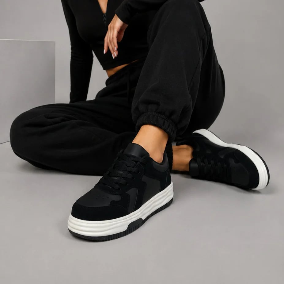 Bağcıklı Kadın Spor Sneaker Siyah – Günlük Kullanıma Uygun Rahat ve Şık Tasarım - Renk: Siyah - Fotoğraf 3 / 3