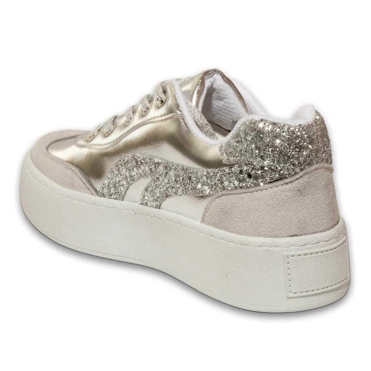 Gümüş Bağcıklı Kadın Spor Ayakkabı Suni Deri Hafif Rahat Günlük Yürüyüş Casual Tüm Sezon Kullanıma Uygun Modern Sneaker Modeli Toptan - Renk: Gümüş - Fotoğraf 3 / 3