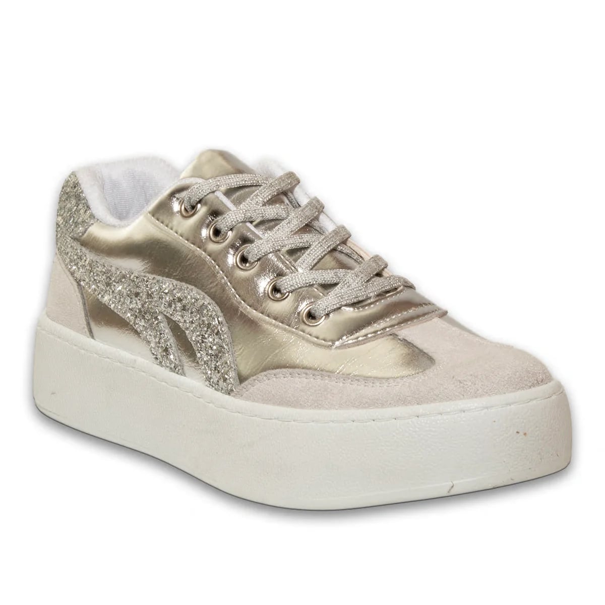 Gümüş Bağcıklı Kadın Spor Ayakkabı Suni Deri Hafif Rahat Günlük Yürüyüş Casual Tüm Sezon Kullanıma Uygun Modern Sneaker Modeli Toptan - Renk: Gümüş - Fotoğraf 2 / 3